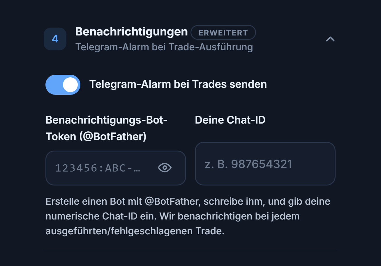 Benachrichtigungen: eingeschalteter Schalter für Telegram-Alarm, Felder Bot-Token und Chat ID