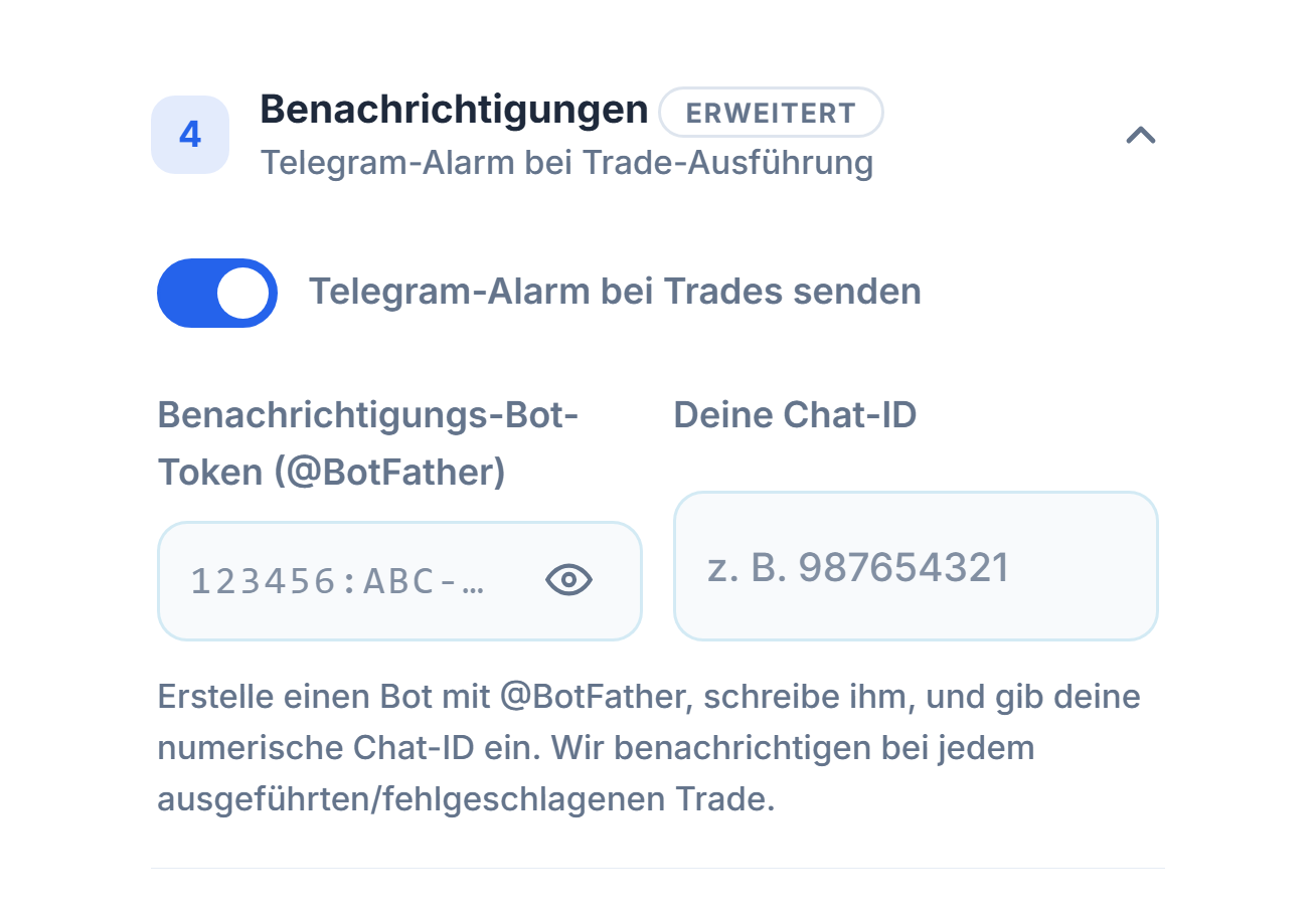 Benachrichtigungen: eingeschalteter Schalter für Telegram-Alarm, Felder Bot-Token und Chat ID