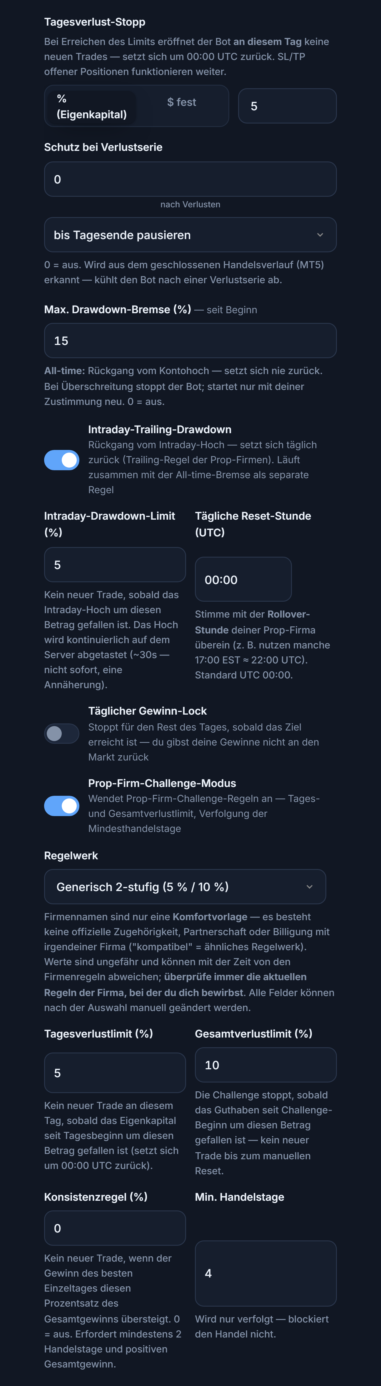 Schutzschild erweitert: Tages-Verluststopp, Schutz bei Verlustserie, Max. Drawdown, Intraday-Trailing-Drawdown, täglicher Gewinn-Lock, Prop-Firm-Challenge-Modus und Regelwerk