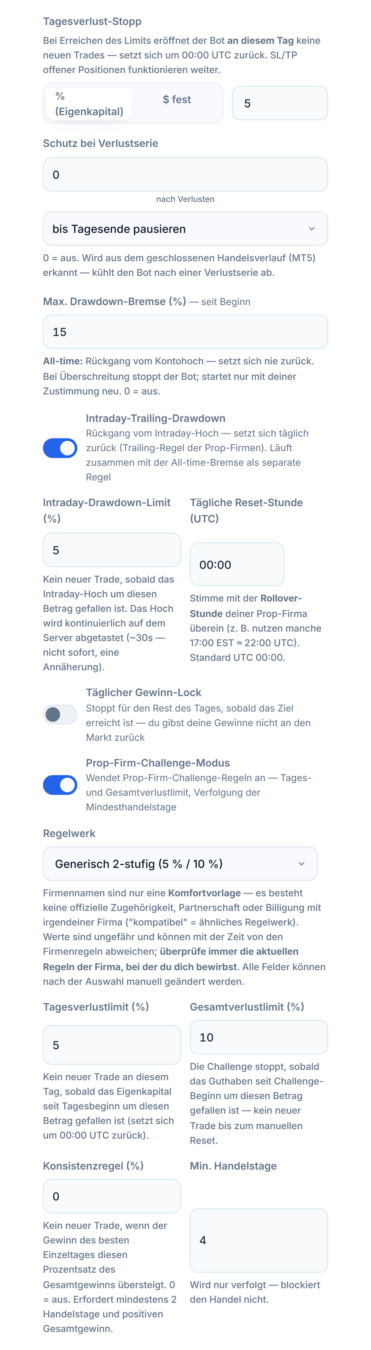 Schutzschild erweitert: Tages-Verluststopp, Schutz bei Verlustserie, Max. Drawdown, Intraday-Trailing-Drawdown, täglicher Gewinn-Lock, Prop-Firm-Challenge-Modus und Regelwerk