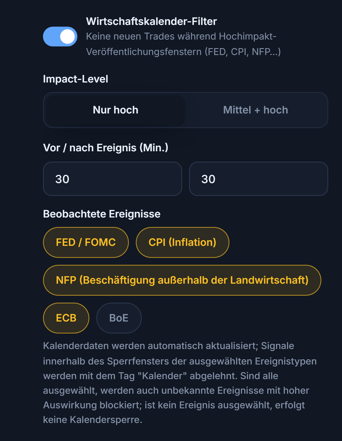 Wirtschaftskalender-Filter: Schalter an, Impact-Level, Minuten vor und nach der Nachricht, Ereignistypen