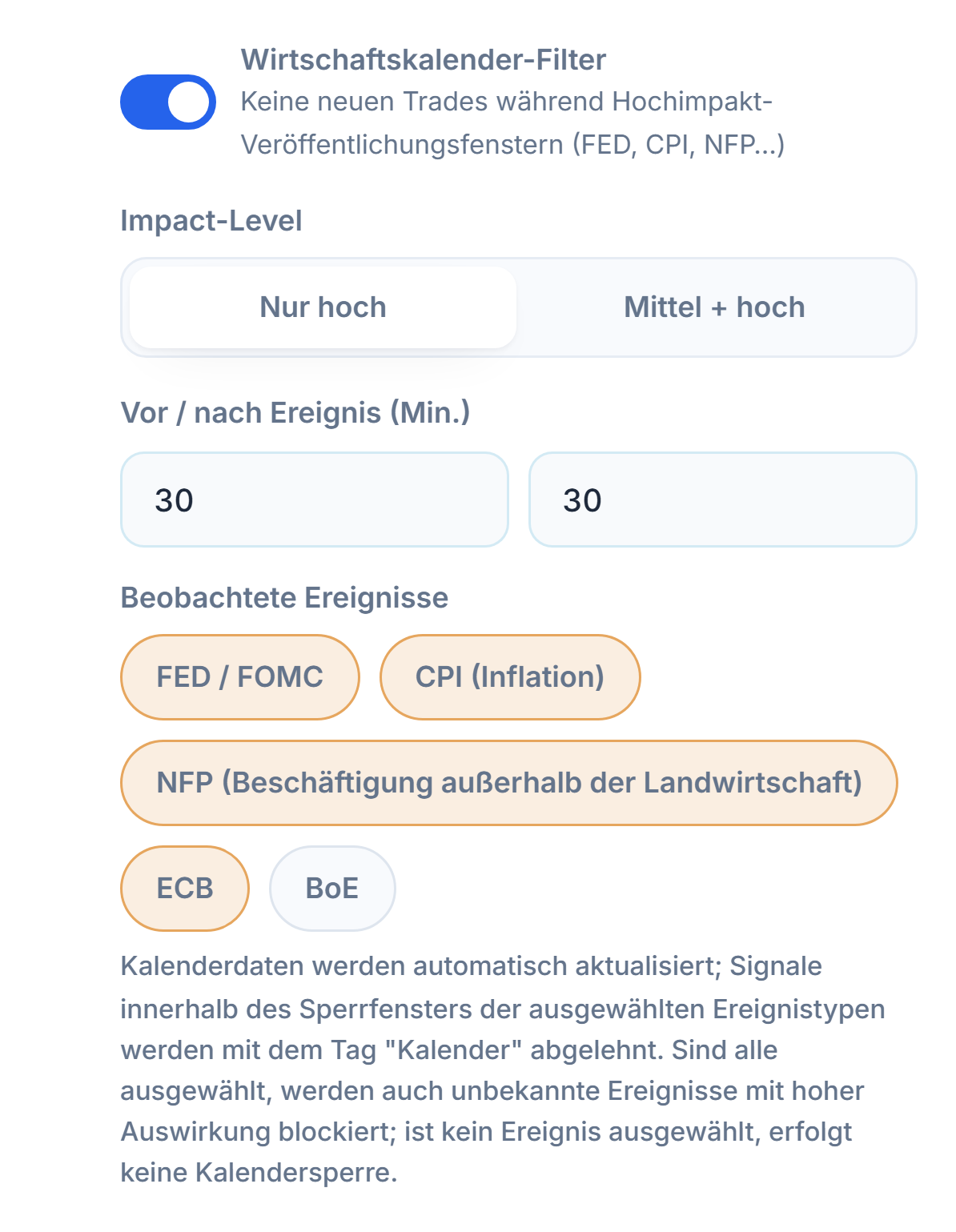 Wirtschaftskalender-Filter: Schalter an, Impact-Level, Minuten vor und nach der Nachricht, Ereignistypen