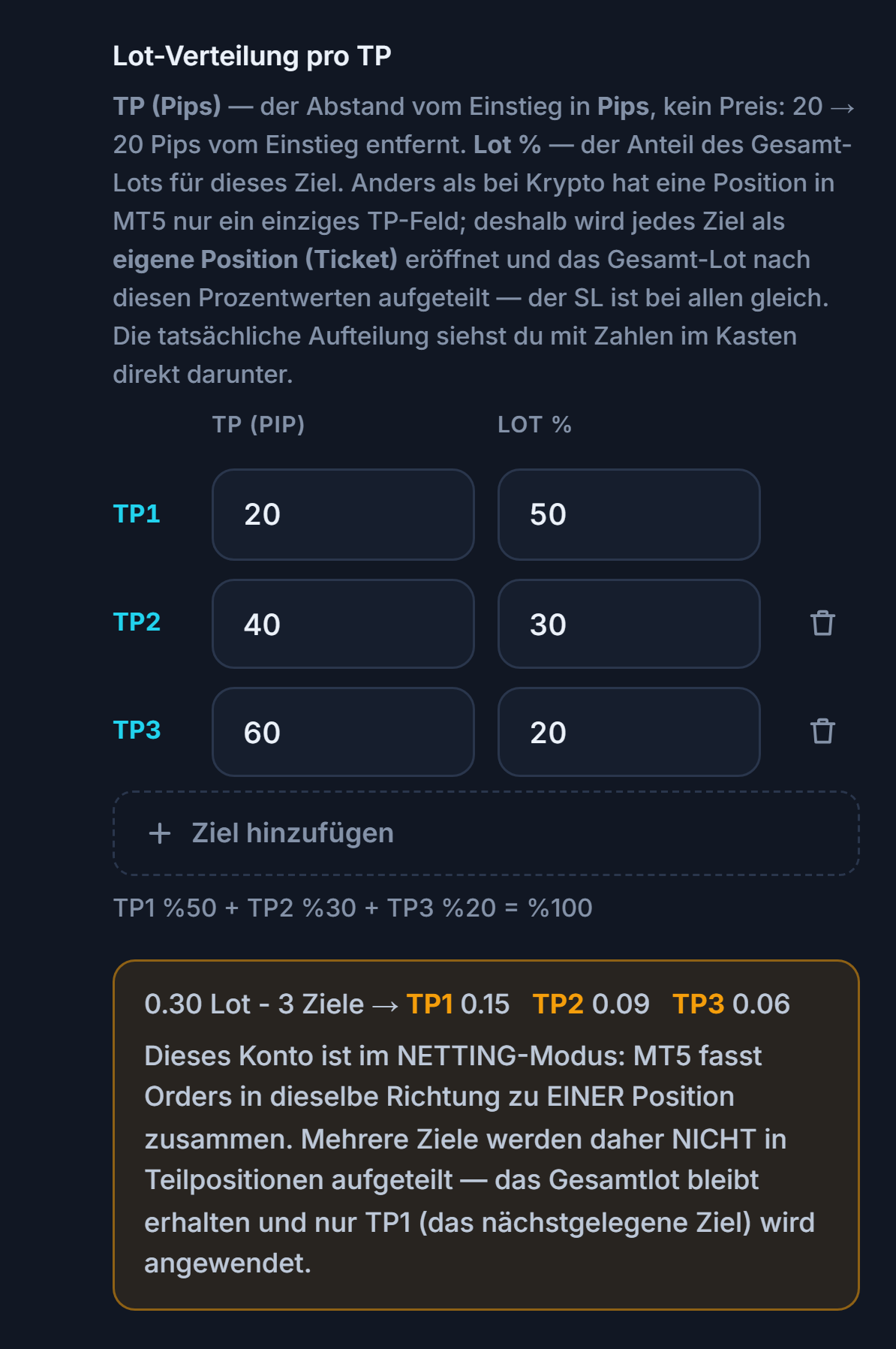 Hinweis zum NETTING-Konto: Mehrere Ziele werden nicht auf Teilpositionen aufgeteilt, das Gesamt-Lot bleibt erhalten und nur TP1 wird angewendet