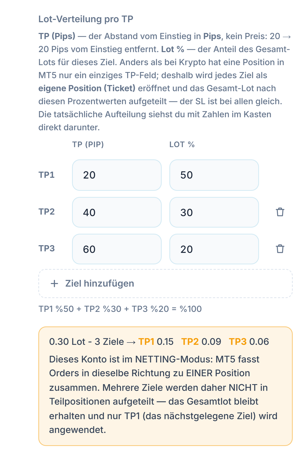 Hinweis zum NETTING-Konto: Mehrere Ziele werden nicht auf Teilpositionen aufgeteilt, das Gesamt-Lot bleibt erhalten und nur TP1 wird angewendet