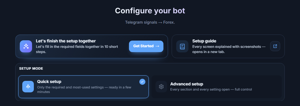 Top of the Configure your bot screen: the setup guide Get Started button, and the Quick setup and Advanced setup cards