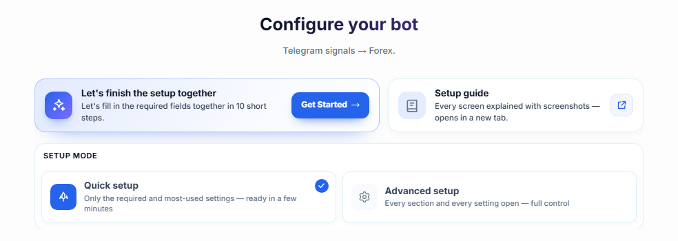 Top of the Configure your bot screen: the setup guide Get Started button, and the Quick setup and Advanced setup cards