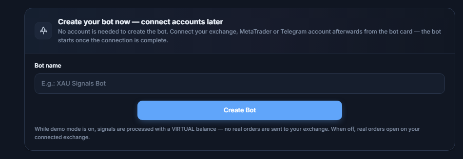 Create your bot now panel: Bot name field and Create Bot button