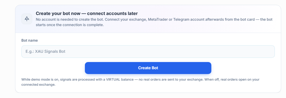Create your bot now panel: Bot name field and Create Bot button