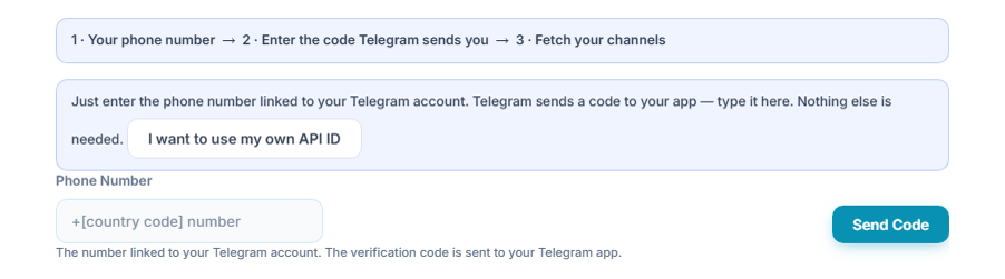 Telegram Connection: step strip, Phone Number field, and Send Code button