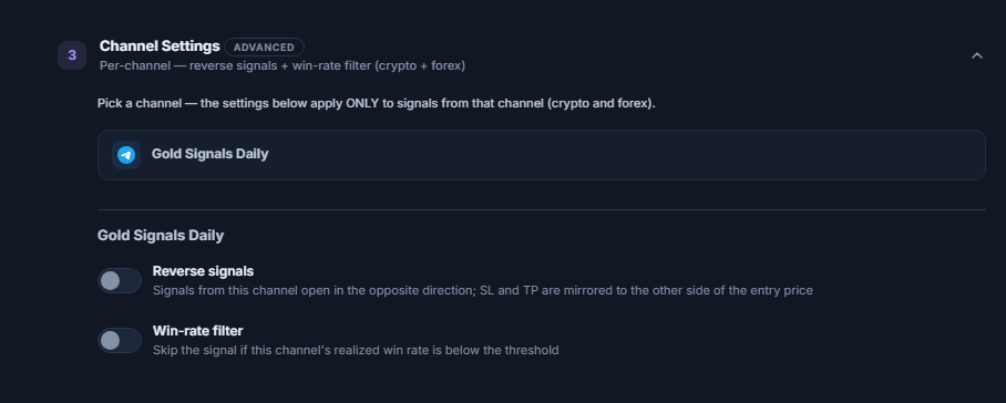 Channel Settings accordion: the selected channel row is outlined, with the Reverse signals and Win-rate filter switches below it