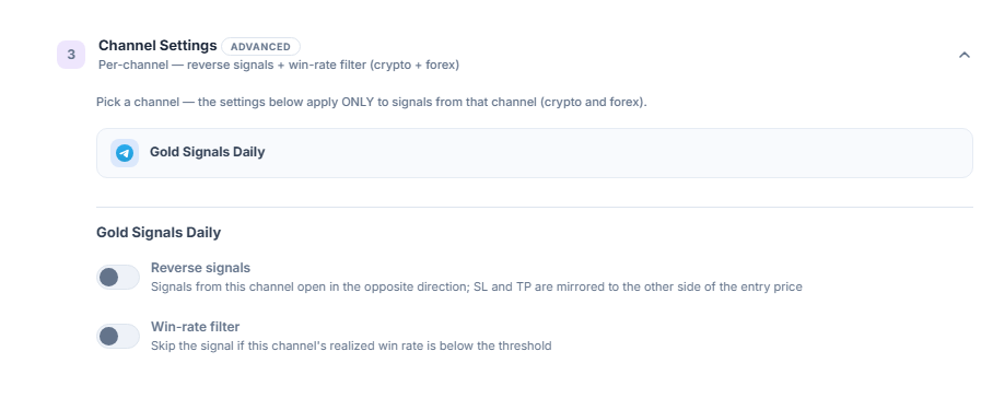 Channel Settings accordion: the selected channel row is outlined, with the Reverse signals and Win-rate filter switches below it