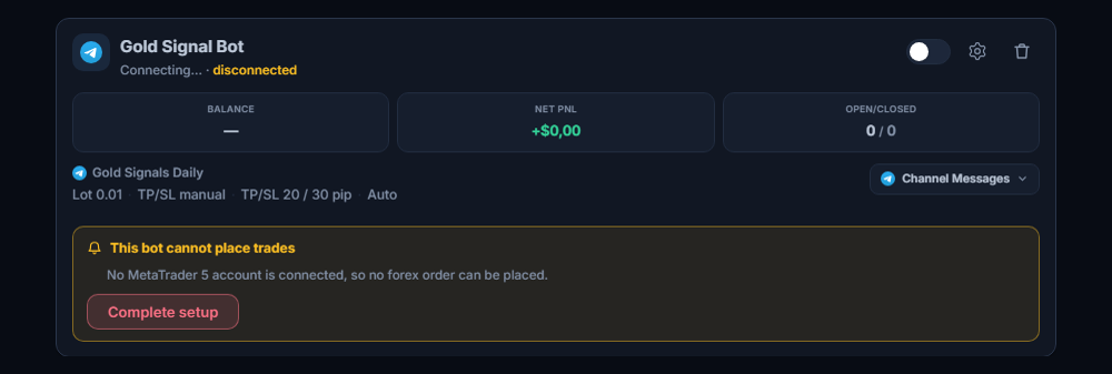 A newly created forex bot card in the My Bots panel: bot name and source, the This bot cannot place trades list, and the Complete setup button