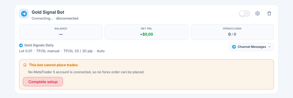 A newly created forex bot card in the My Bots panel: bot name and source, the This bot cannot place trades list, and the Complete setup button