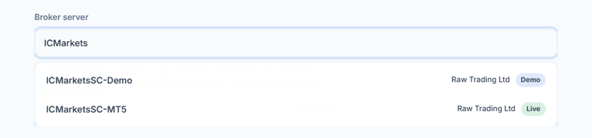 ICMarkets typed in the Broker server field, with two servers below it carrying Demo and Live badges