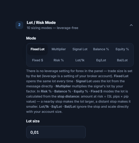 Lot / Risk Mode section: Fixed Lot selected and the Lot size field at 0.01