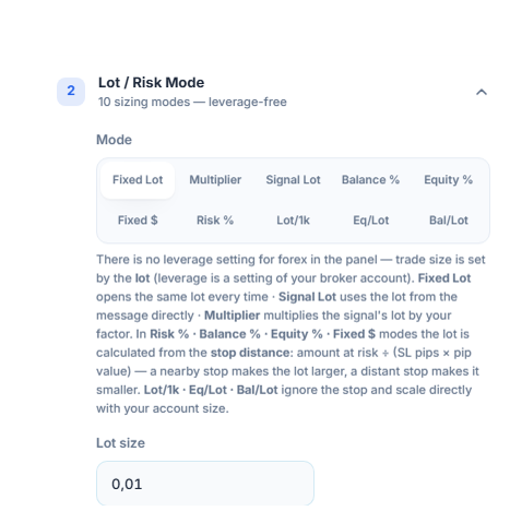 Lot / Risk Mode section: Fixed Lot selected and the Lot size field at 0.01