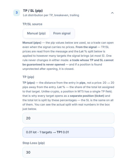 TP / SL (pip) section: TP/SL source Manual (pip) selected, TP (pip) 20 and Stop Loss (pip) 30