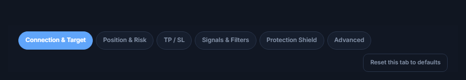 Advanced setup tabs: Connection, Position, TP and SL, Signal, Protection, Advanced, and reset to defaults