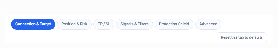 Advanced setup tabs: Connection, Position, TP and SL, Signal, Protection, Advanced, and reset to defaults