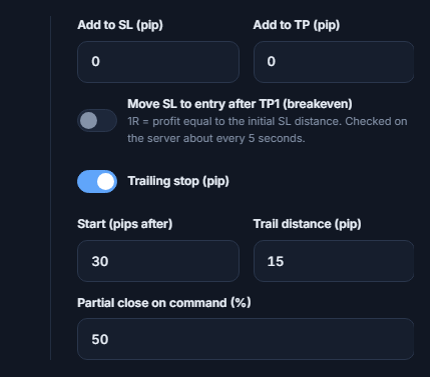 Add to SL and Add to TP pip fields, the breakeven switch, the trailing stop switch turned on with start and trail distance, and the partial close percentage on command