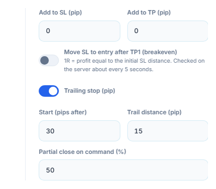 Add to SL and Add to TP pip fields, the breakeven switch, the trailing stop switch turned on with start and trail distance, and the partial close percentage on command