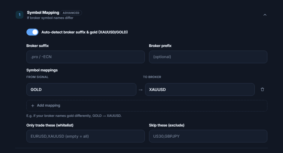 Symbol Mapping section: auto-detect switch, Broker suffix and prefix fields, the GOLD → XAUUSD mapping, Add mapping, and the whitelist and exclude fields