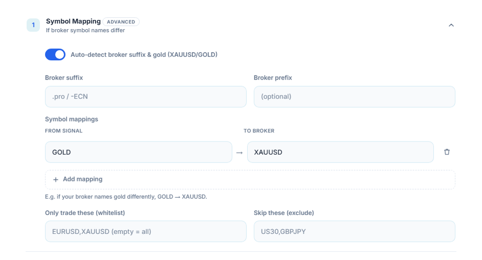 Symbol Mapping section: auto-detect switch, Broker suffix and prefix fields, the GOLD → XAUUSD mapping, Add mapping, and the whitelist and exclude fields