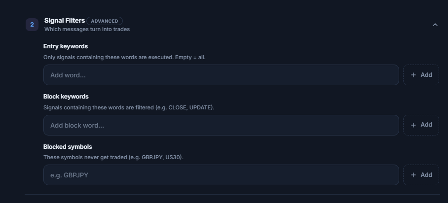 Signal Filters: Entry keywords, Block keywords, and Blocked symbols fields