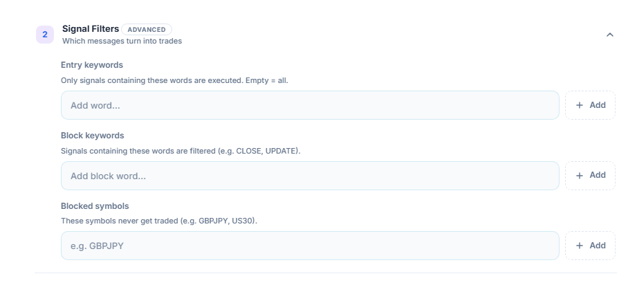 Signal Filters: Entry keywords, Block keywords, and Blocked symbols fields