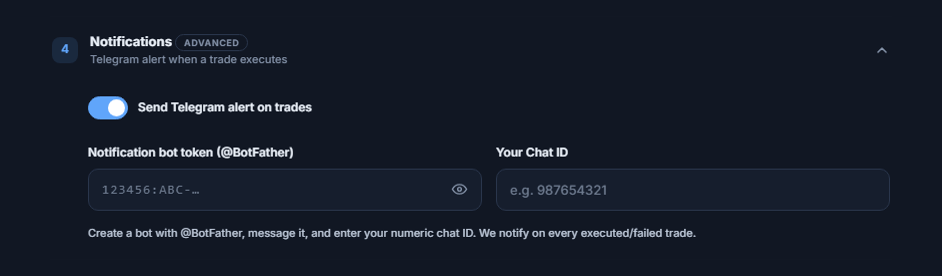 Notifications: the Telegram alert switch turned on, and the bot token and Chat ID fields