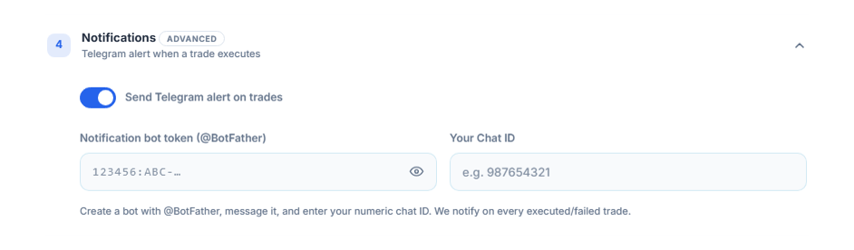 Notifications: the Telegram alert switch turned on, and the bot token and Chat ID fields