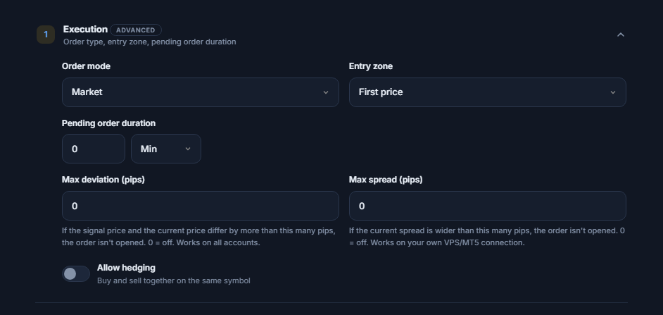 Execution section: Order mode, Entry zone, Pending order duration, Max deviation, Max spread, and the Allow hedging switch