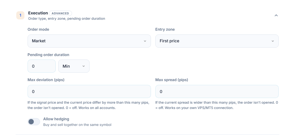 Execution section: Order mode, Entry zone, Pending order duration, Max deviation, Max spread, and the Allow hedging switch