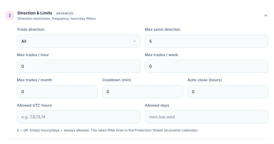 Direction and Limits: Trade direction, Max same direction, hourly, weekly and monthly trade limits, cooldown, auto-close, allowed hours and days