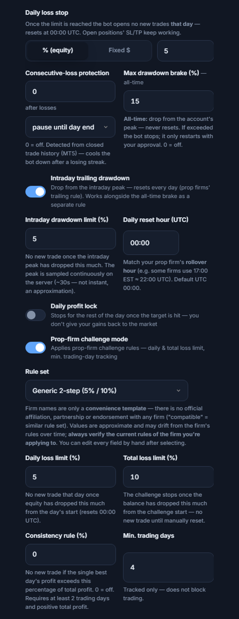 Protection Shield advanced: daily loss stop, consecutive-loss protection, max drawdown, intraday trailing drawdown, daily profit lock, prop-firm challenge mode, and rule set