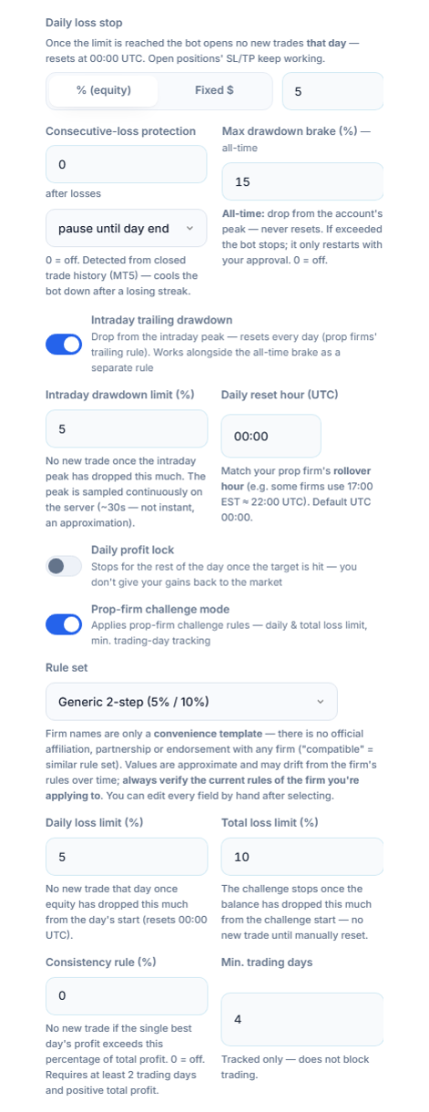 Protection Shield advanced: daily loss stop, consecutive-loss protection, max drawdown, intraday trailing drawdown, daily profit lock, prop-firm challenge mode, and rule set