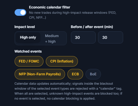 Economic calendar filter: switch on, impact level, minutes before and after news, event types