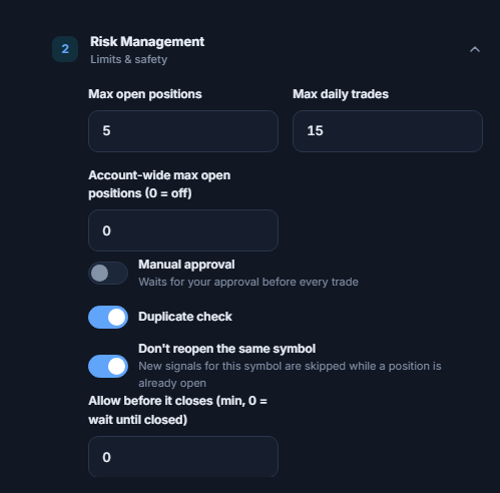 Risk Management advanced: max open positions, account-wide cap, manual approval, duplicate check, same-symbol lock, and minimum wait