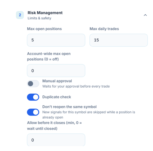 Risk Management advanced: max open positions, account-wide cap, manual approval, duplicate check, same-symbol lock, and minimum wait