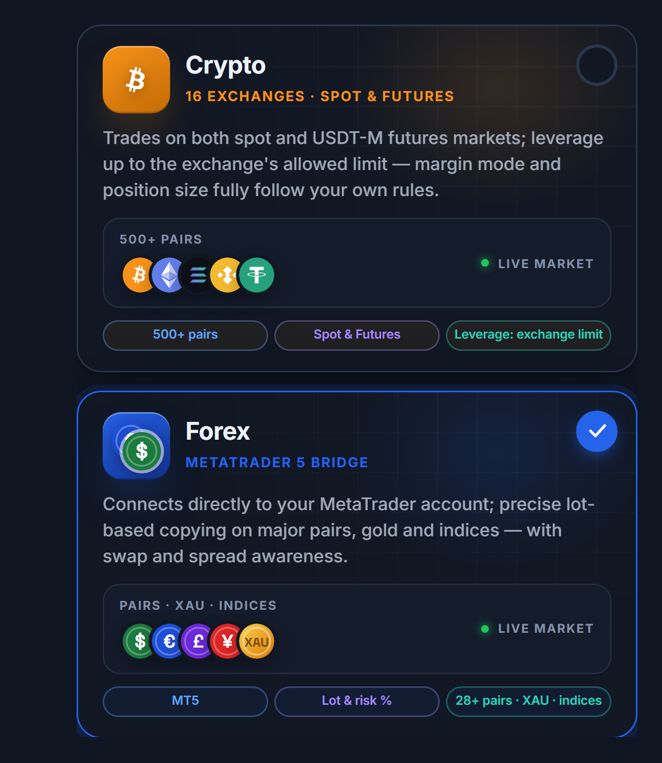 Market selection: Crypto and Forex cards, with the Forex card selected