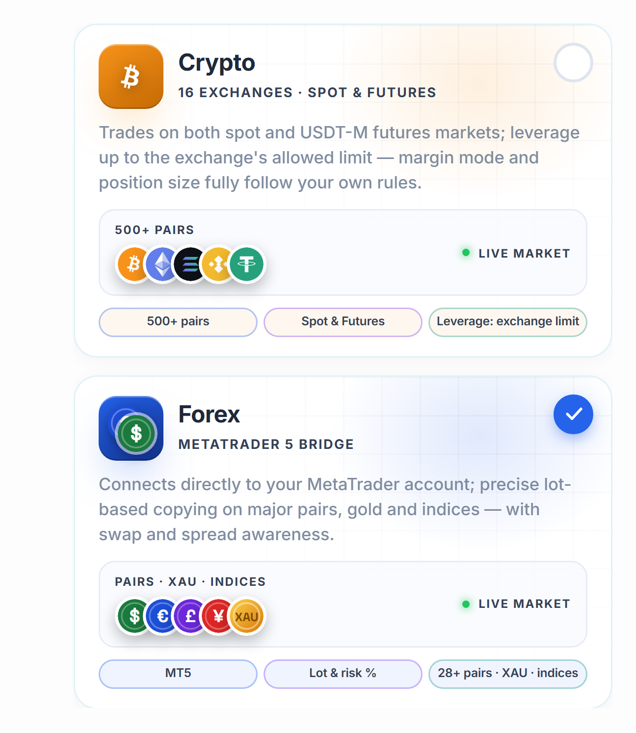 Market selection: Crypto and Forex cards, with the Forex card selected