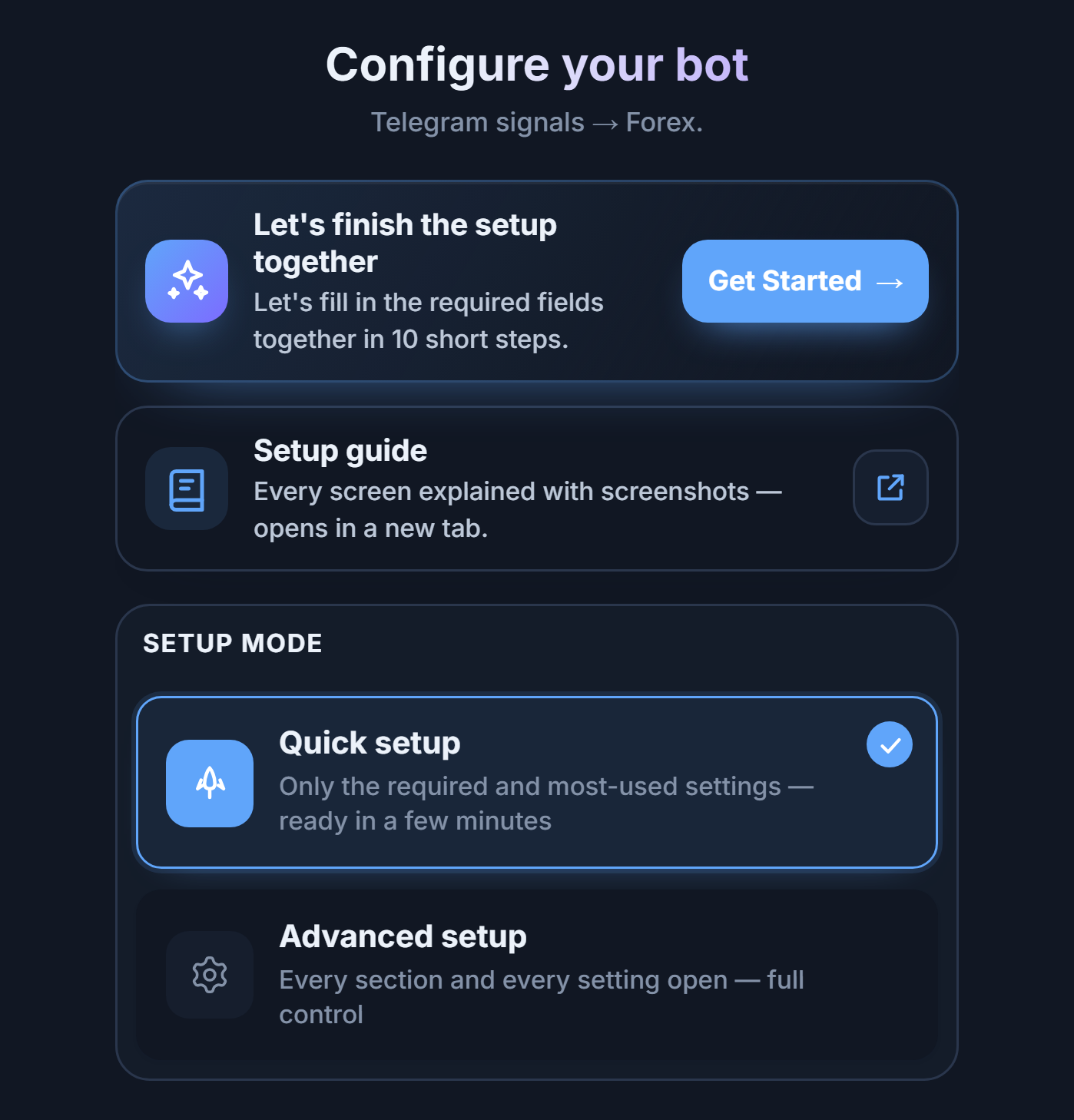 Top of the Configure your bot screen: the setup guide Get Started button, and the Quick setup and Advanced setup cards