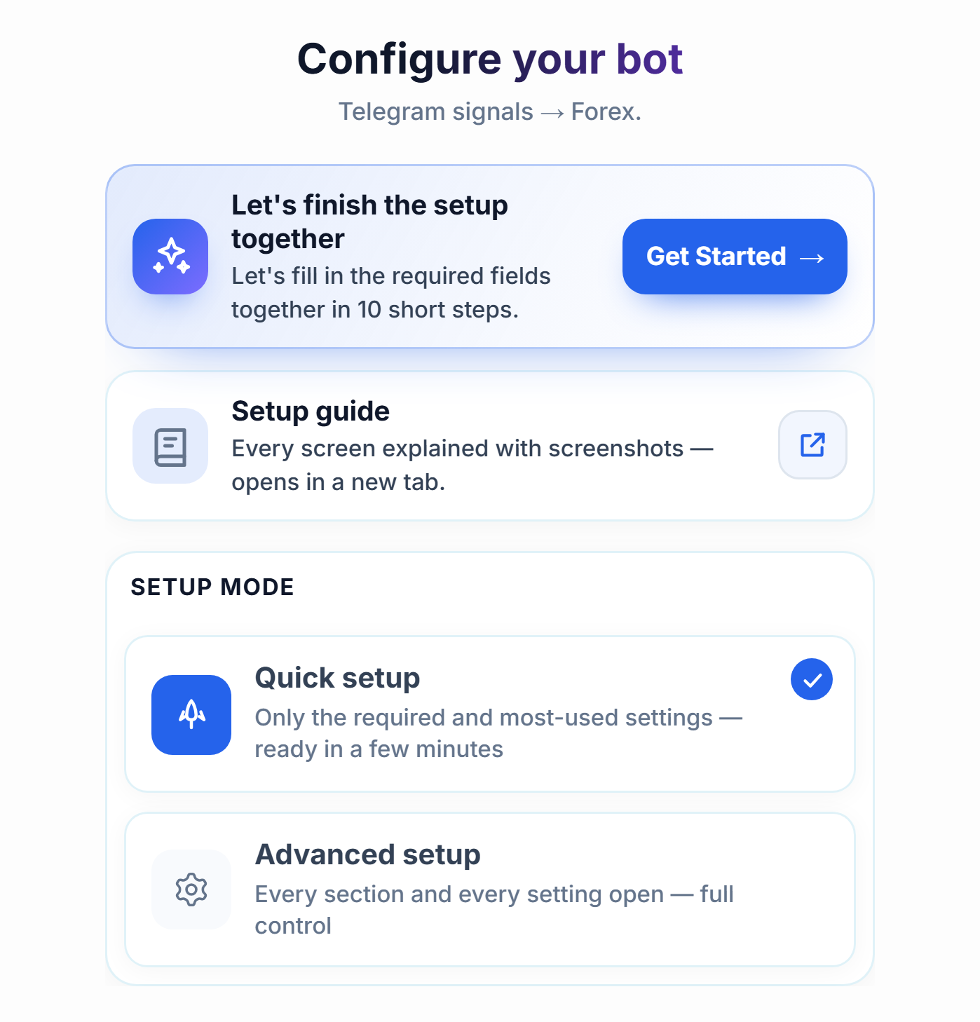 Top of the Configure your bot screen: the setup guide Get Started button, and the Quick setup and Advanced setup cards