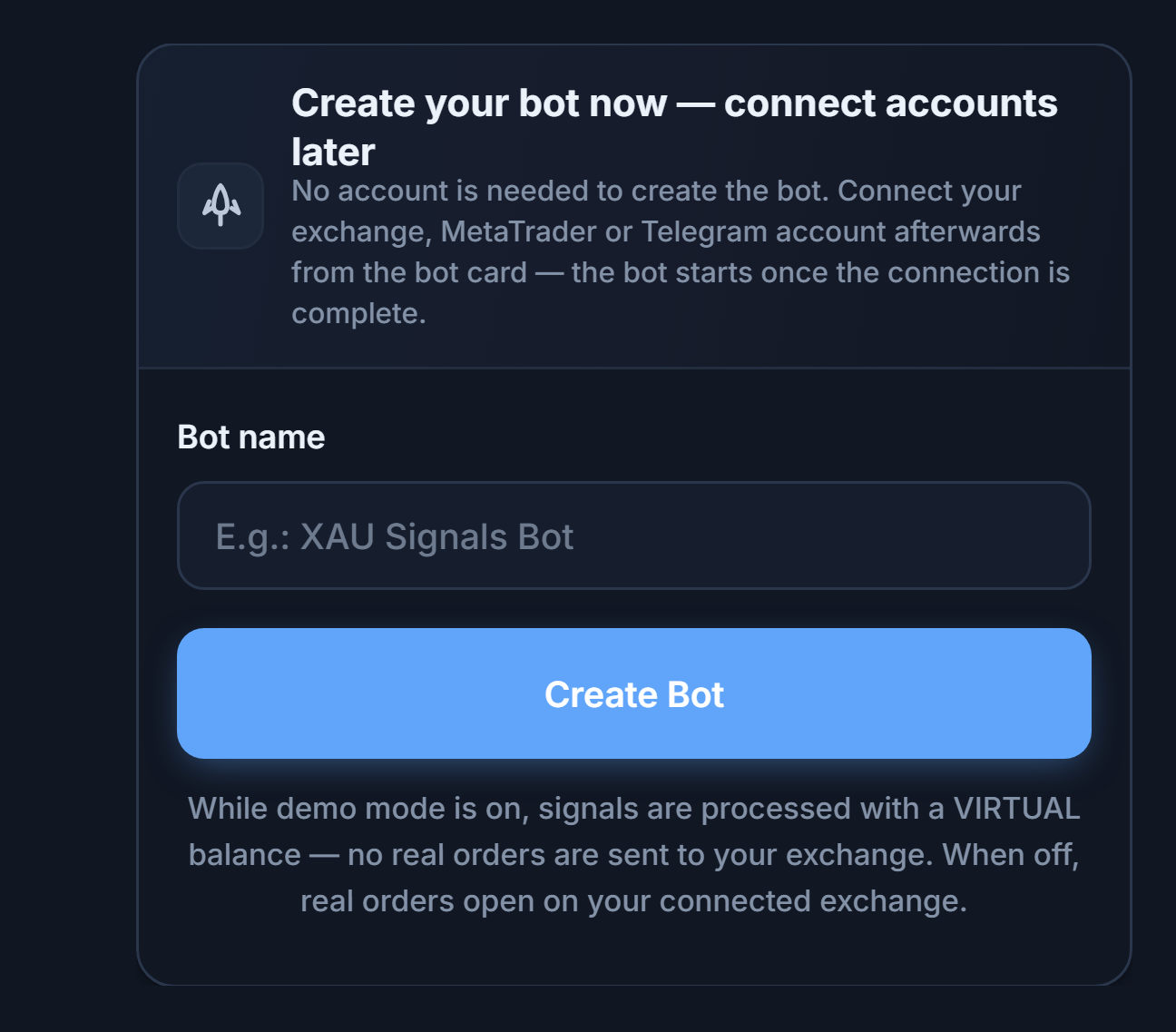 Create your bot now panel: Bot name field and Create Bot button