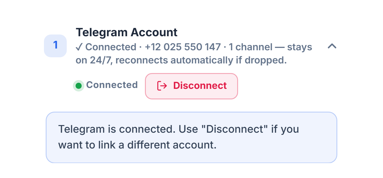 Telegram Account section after connecting: green Connected badge, Disconnect button, and the Telegram connected note