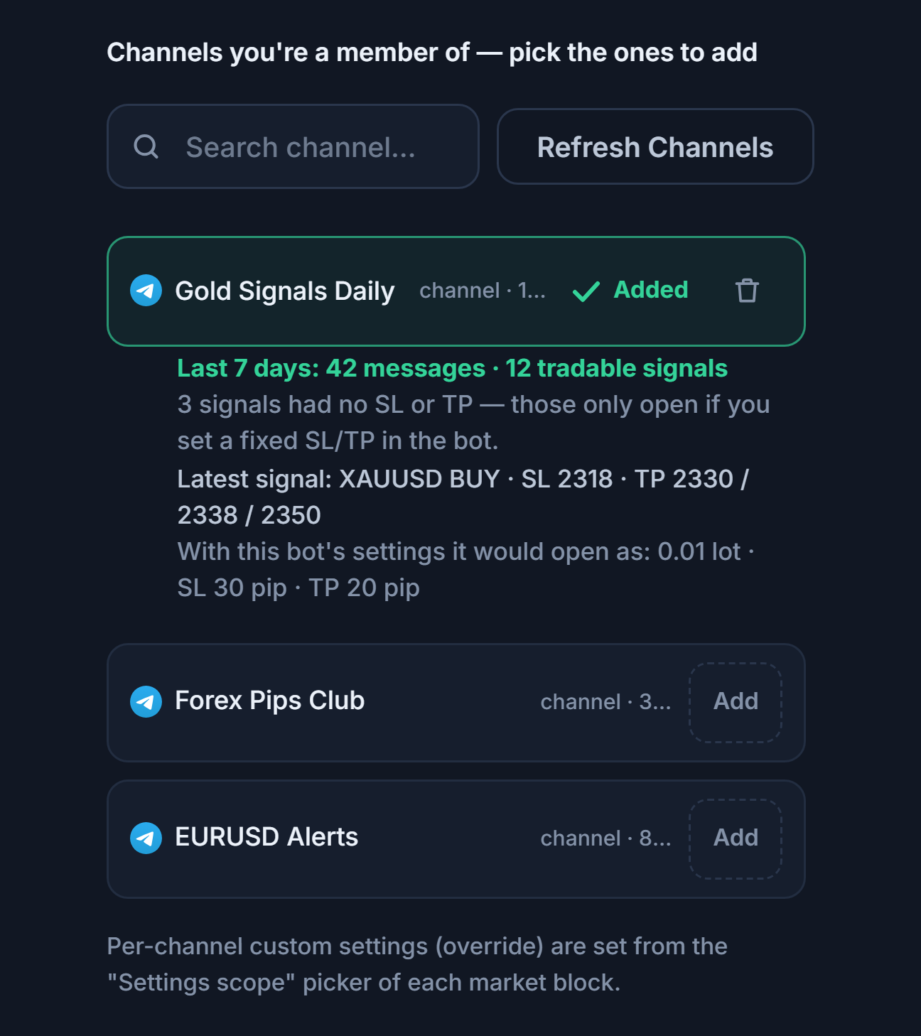 Signal Channels section after connecting: channel search box, Refresh Channels button, channels with Add buttons, an Added mark on an added channel, and the 7-day channel scorecard below it