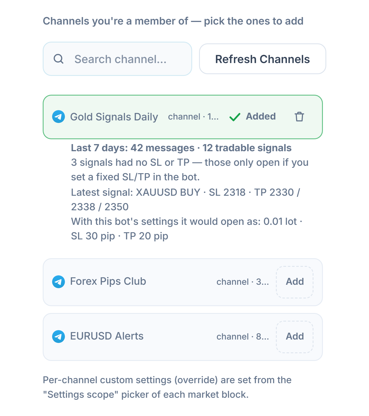 Signal Channels section after connecting: channel search box, Refresh Channels button, channels with Add buttons, an Added mark on an added channel, and the 7-day channel scorecard below it