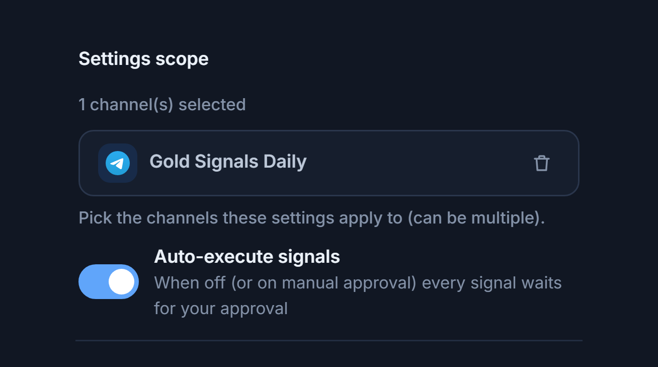 Settings scope section after adding a channel: a 1 channel selected counter, a selected channel chip with a green check, and the remove button on the chip