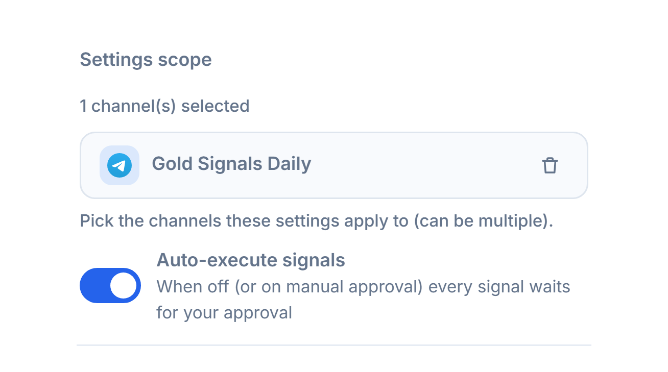 Settings scope section after adding a channel: a 1 channel selected counter, a selected channel chip with a green check, and the remove button on the chip