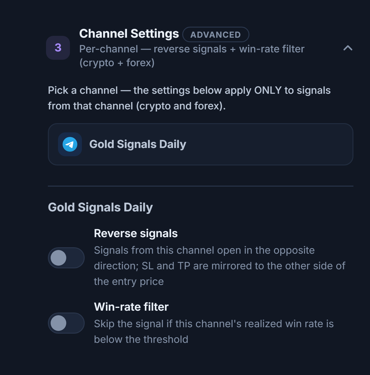 Channel Settings accordion: the selected channel row is outlined, with the Reverse signals and Win-rate filter switches below it